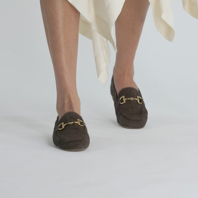 Video of model wearing Nicole Rebstock's brown Mel loafers. Bestseller.