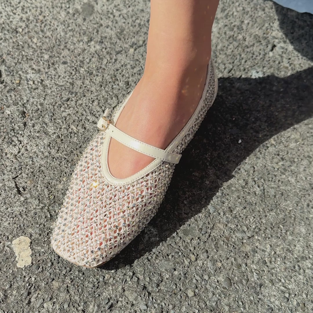 Tahlia ivory ballet flats with silver crystals by Nicole Rebstock.